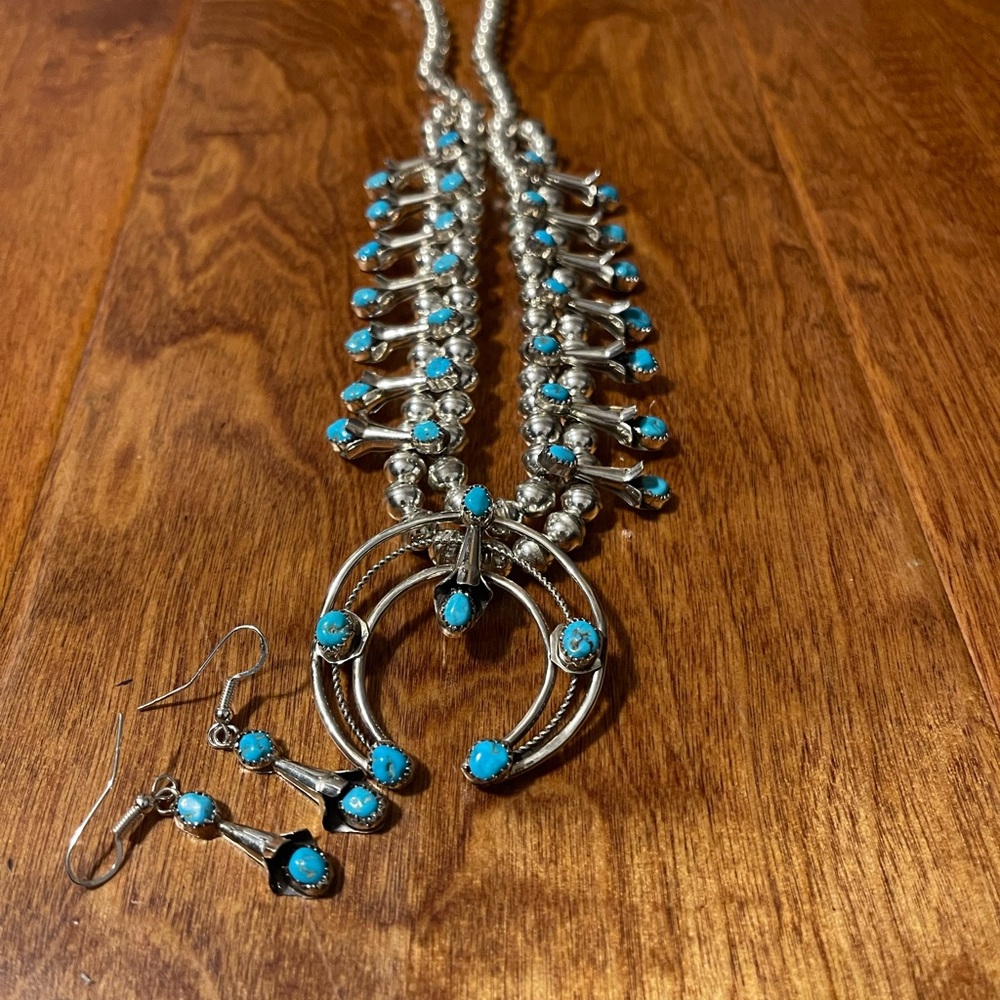Handcrafted genuine sterling silver and turquoise necklace and earring set
